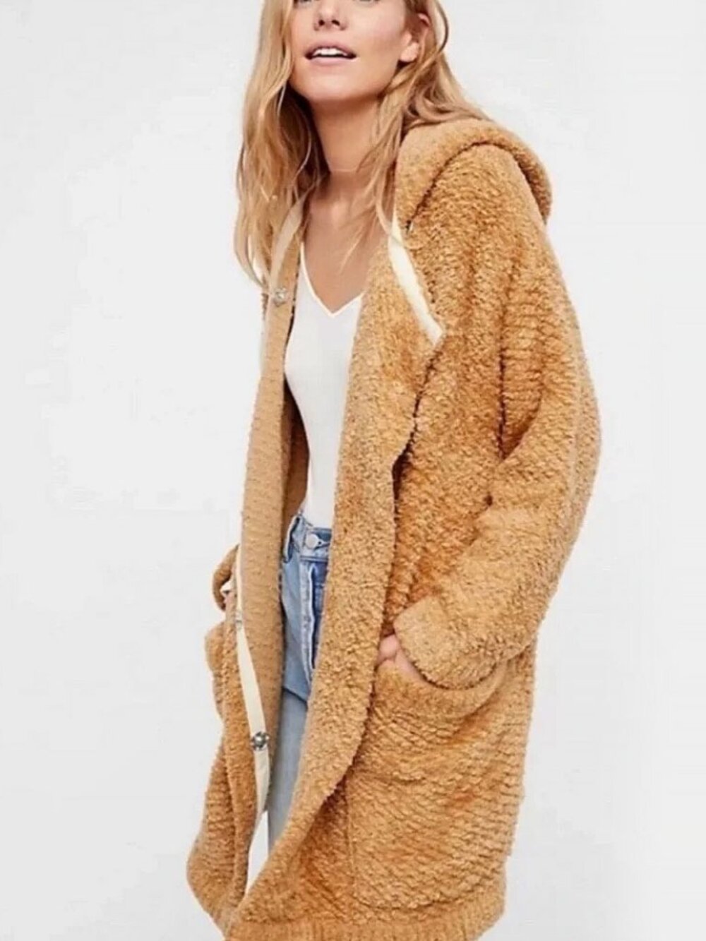 Free People Warm Wishes Hooded Sweater Teddy Jacket Cardigan